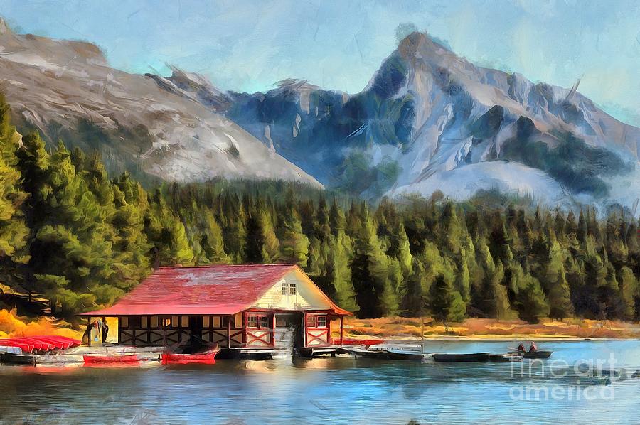 Maligne Lake Digital Art - Maligne Lake Boathouse by Eva Lechner