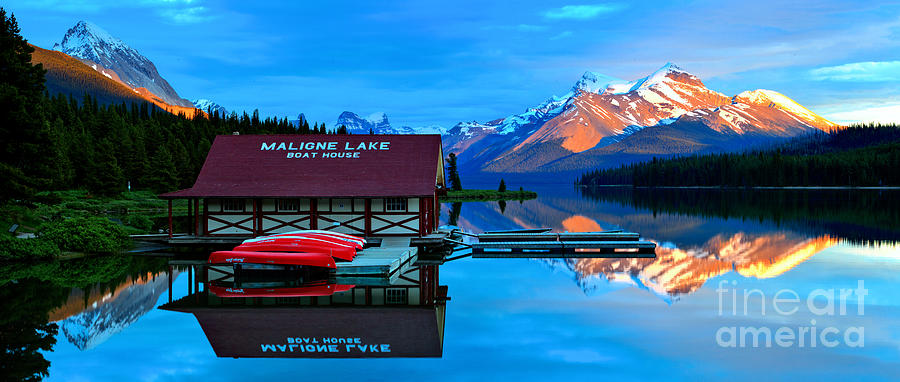 Maligne Lake Boathouse Fiery Mountains Photograph by Adam Jewell