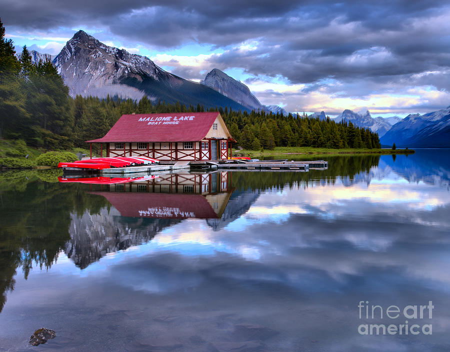 Maligne Lake Boathouse Spring Clouds Photograph by Adam Jewell
