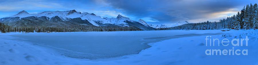 Sunset Photograph - Maligne Lake Frozen Panorama by Adam Jewell