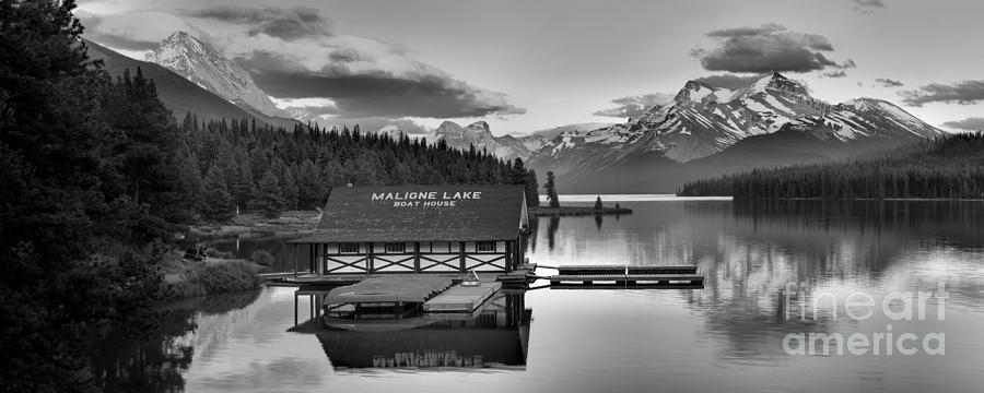 Maligne Lake Sunset Panorama Black And White Photograph by Adam Jewell