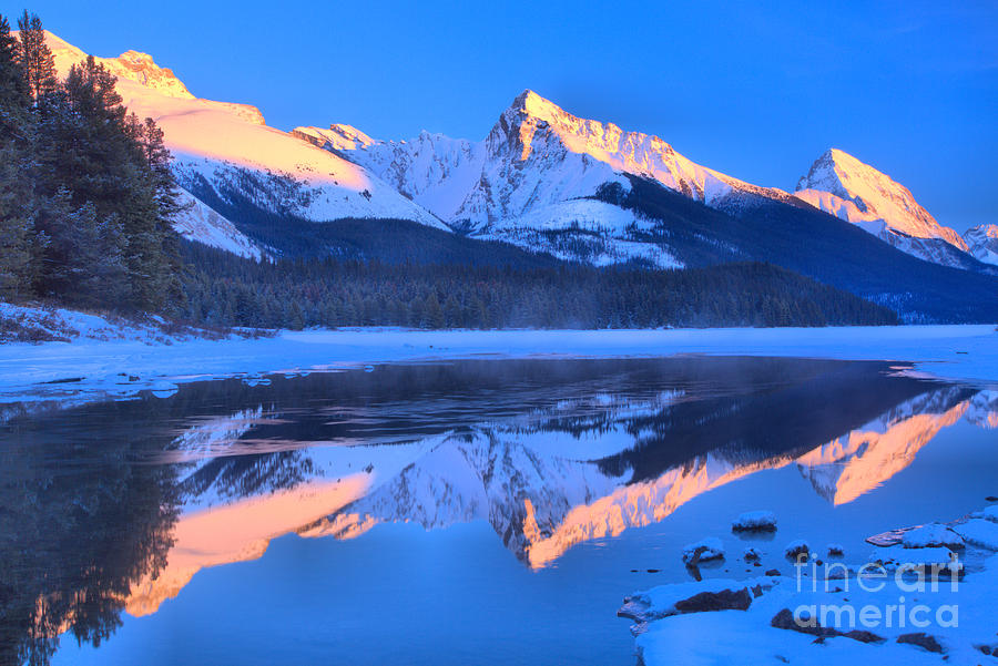 Maligne Lake Winter Pink Peaks Photograph by Adam Jewell