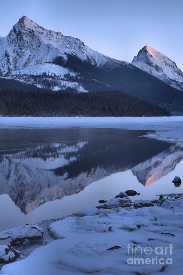 Maligne Lake Winter Sunset Portrait Photograph by Adam Jewell