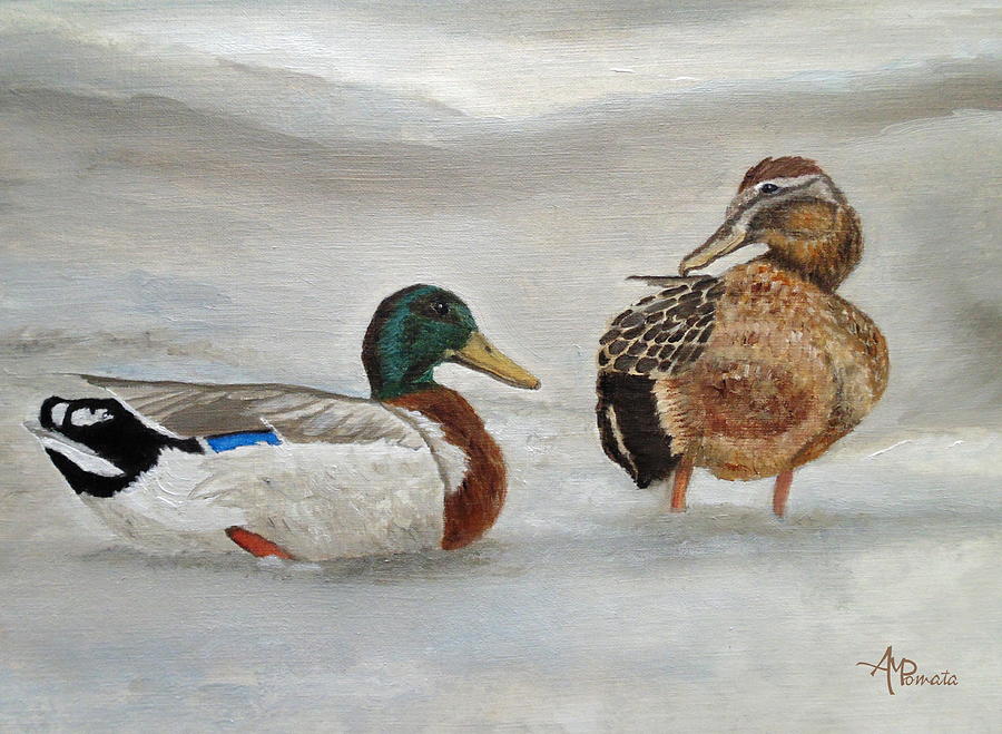 Duck Painting - Mallard Duck Couple by Angeles M Pomata