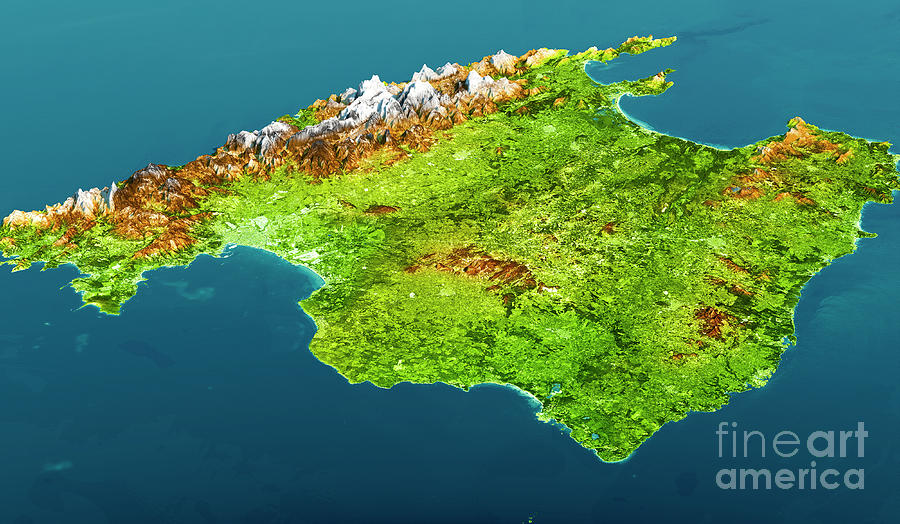 Map Digital Art - Mallorca Island Topographic Map 3D View Color by Frank Ramspott