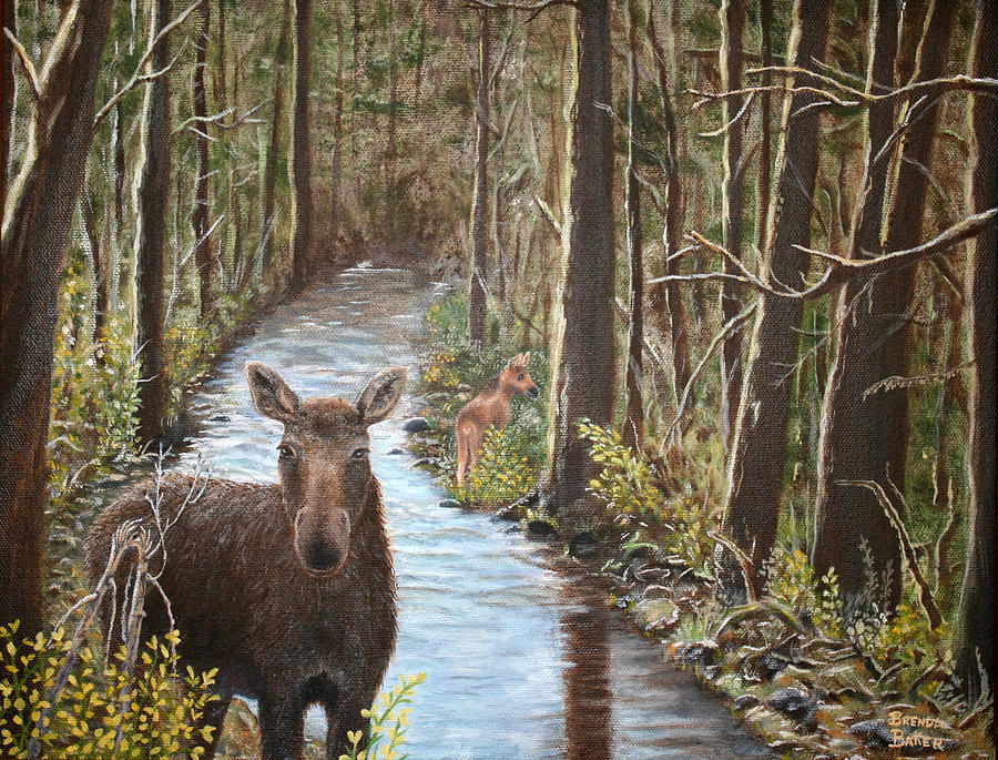 Mama Moose and Calf Painting by Brenda Baker