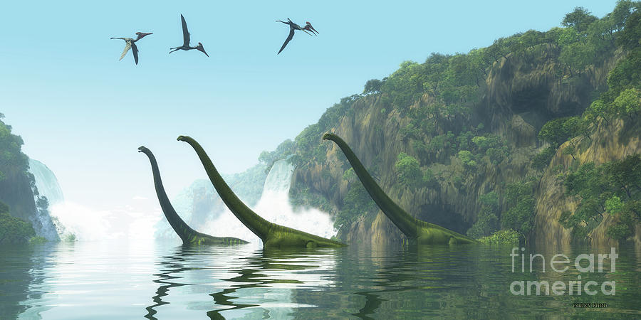 Prehistoric Painting - Mamenchisaurus Dinosaur Foggy Day by Corey Ford