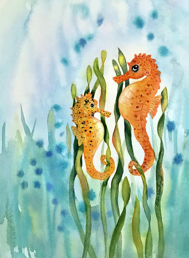 Mamma and Baby Seahorses Painting by Hilda Vandergriff
