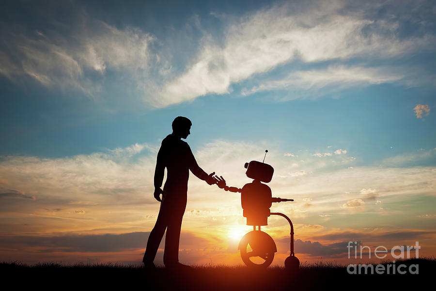 Sunset Photograph - Man and robot meet and handshake. Concept of the future interaction with artificial intelligence by Michal Bednarek