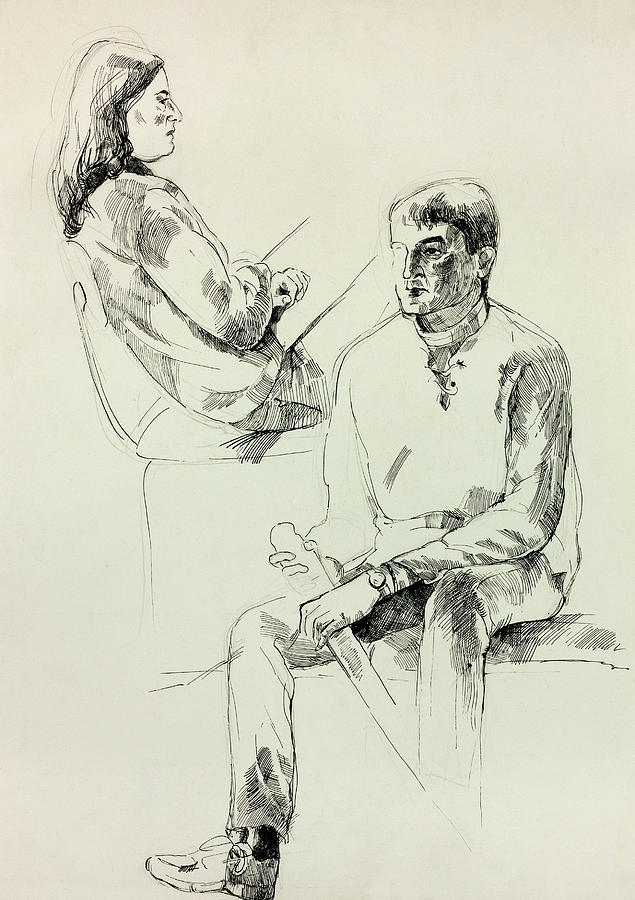 A sketch of man and woman talking while standing  CanStock