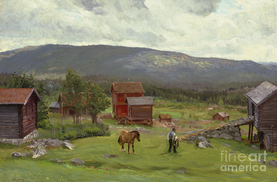 Man at the pasture, Hiaasen June Painting by O Vaering