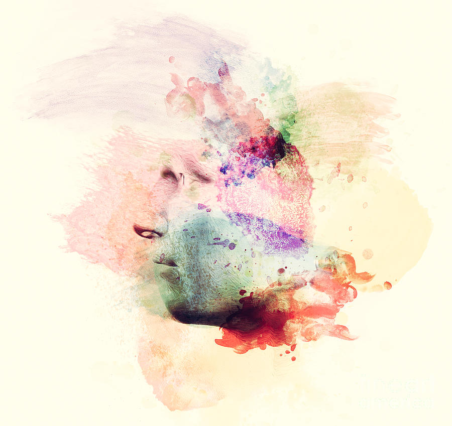 Abstract Photograph - Man face in watercolor painting. Concept of creative thinking, imagination, emotions by Michal Bednarek