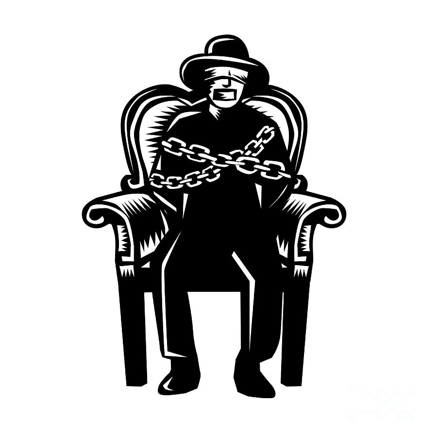 Hat Digital Art - Man Gagged Chained to Grand Arm Chair Woodcut by Aloysius Patrimonio
