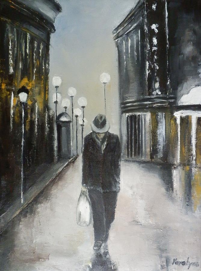 City Painting - Man in night by Maria Karalyos