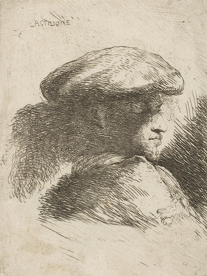 Man in profile facing right, wearing a fur hat Relief by Giovanni Benedetto Castiglione