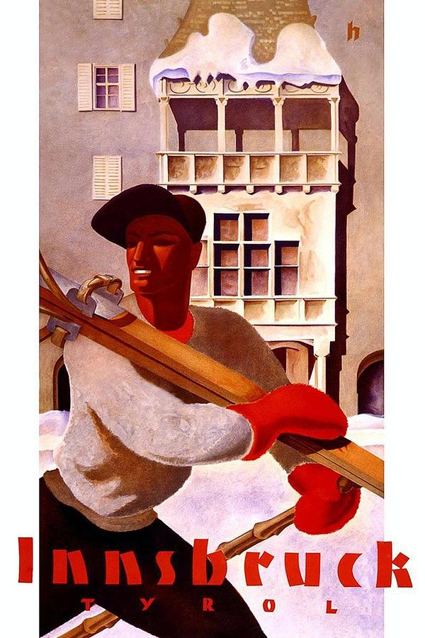 Winter Mixed Media - Man in winter clothes carrying skis - Innsbruck Austria - Vintage Travel Poster by Studio Grafiikka