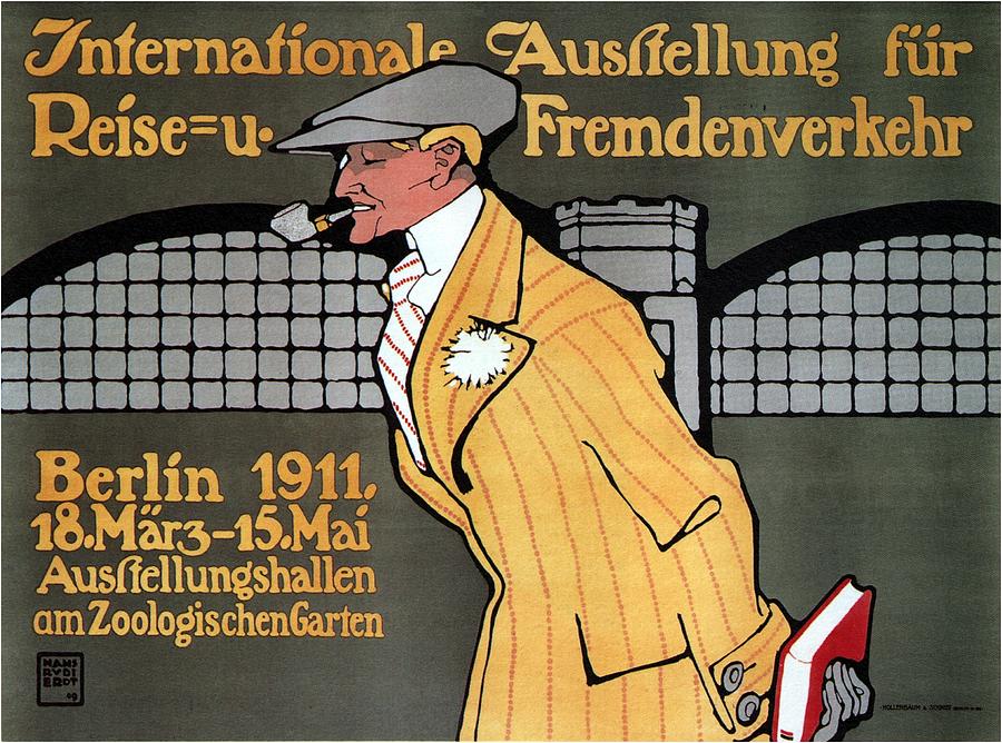 Man In Yellow Suit And Grey Hat Smoking A Pipe - Berlin Exposition - Vintage Illustrated Poster Painting