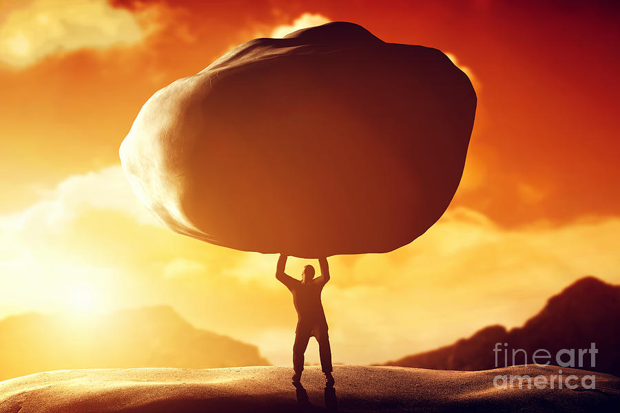 Mountain Photograph - Man lifting a huge rock by Michal Bednarek
