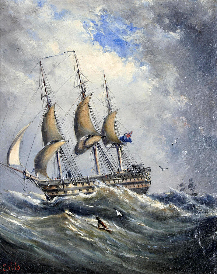 Man of War at Sea Painting by Ebenezer Colls