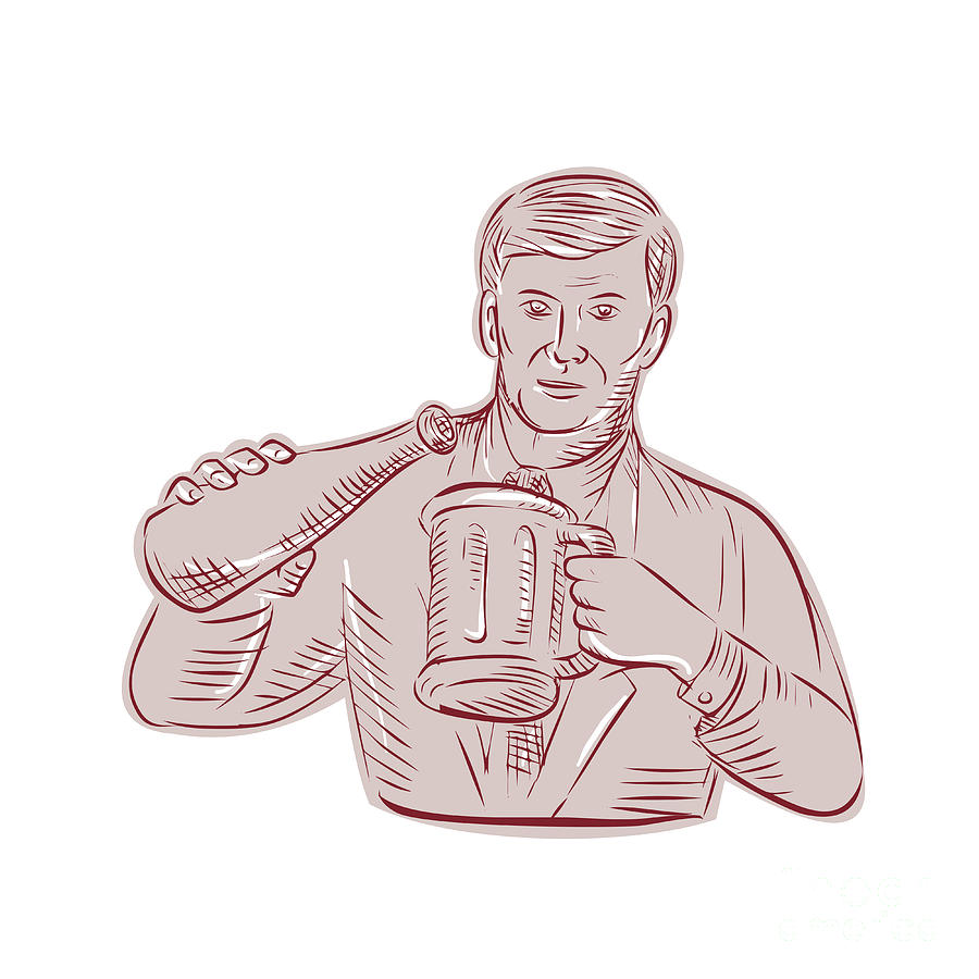 Beer Digital Art - Man Pouring Beer Mug Etching by Aloysius Patrimonio