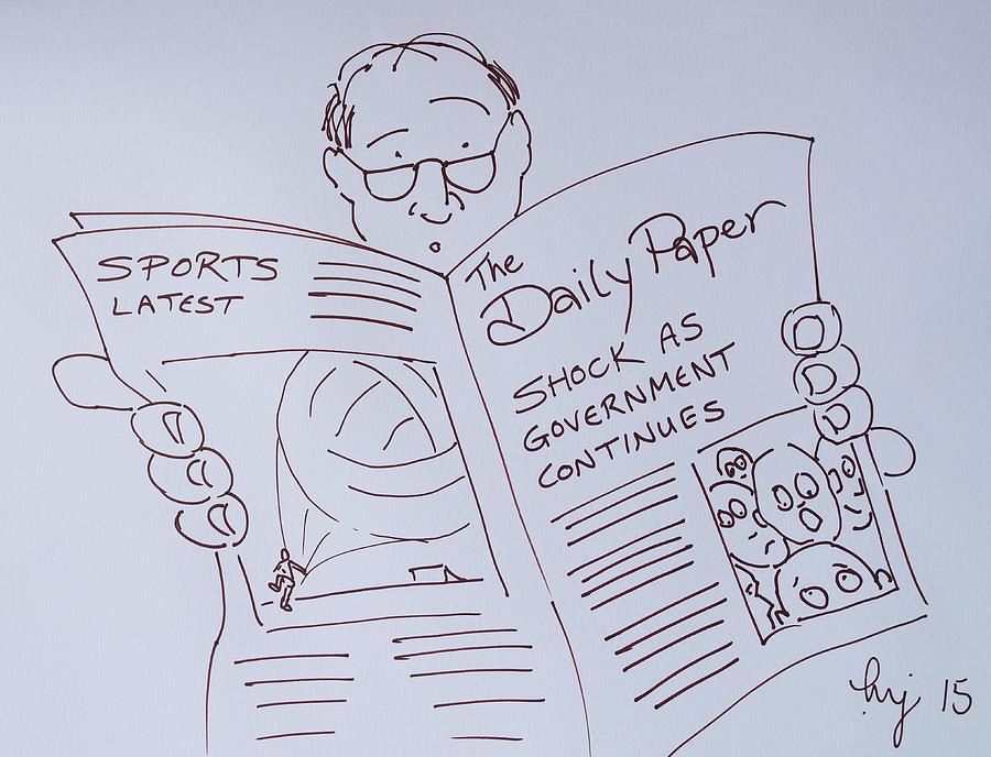 Man Reading A Newspaper Cartoon - What is the world coming to Drawing by Mike Jory