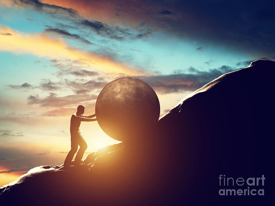 Man Rolling Huge Concrete Ball Up Hill Photograph