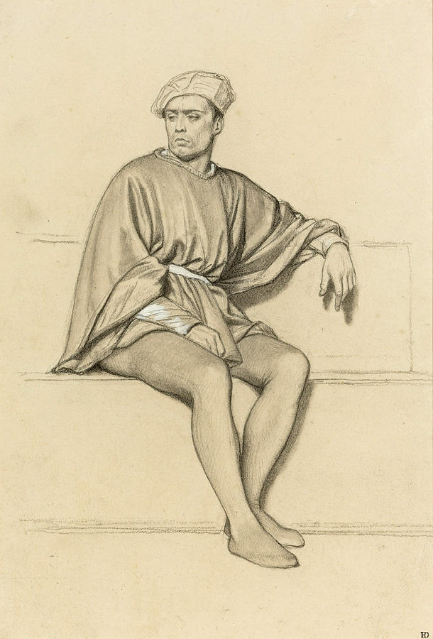 Man Seated on a Bench facing Left Drawing by Paul Delaroche