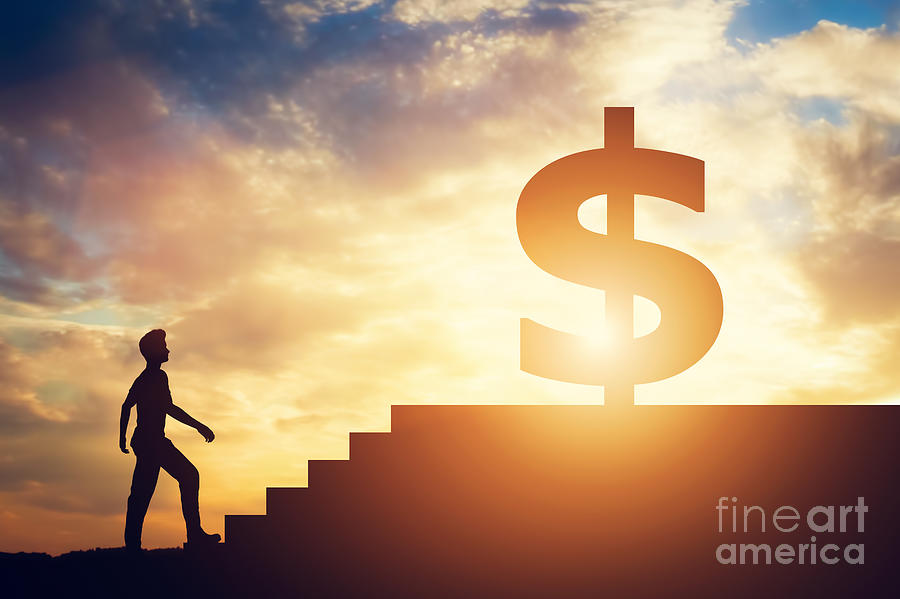 Man standing in front of stairs with dollar sign on top Photograph by Michal Bednarek