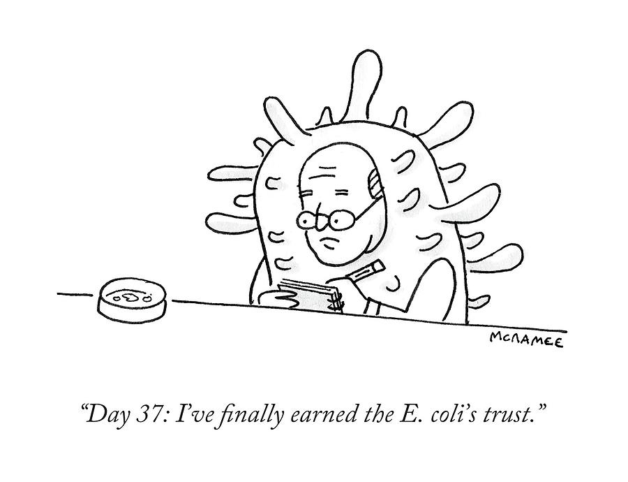 Man taken over by E.coli writes in a journal. Drawing by John McNamee