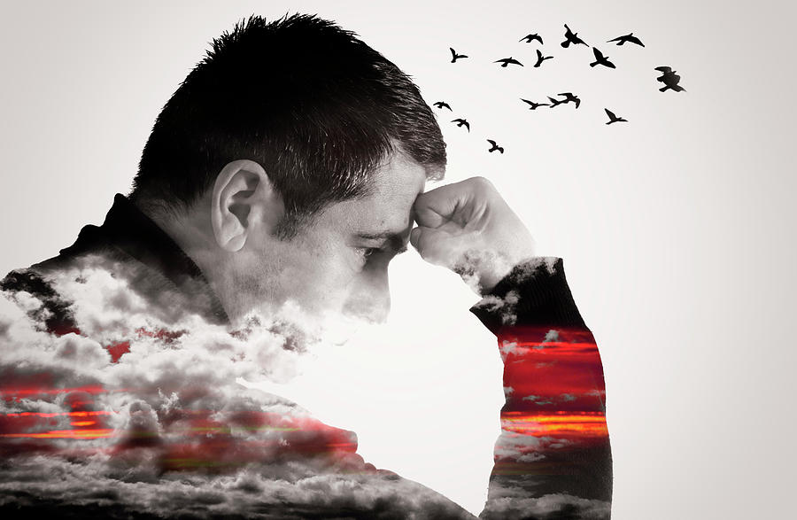 Man Thinking Double Exposure With Birds Photograph
