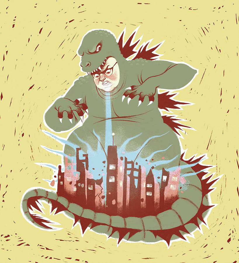 Man with dragon costume destroying city Drawing by Stephanie Pena