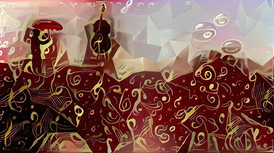 Man with red umbrella and upright bass Digital Art by Bruce Rolff