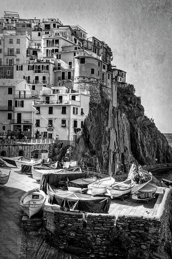 Boat Photograph - Manarola Boats Cinque Terre Italy BW by Joan Carroll