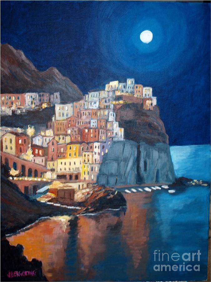 Manarola by Night, Italy Painting by Jean Pierre Bergoeing