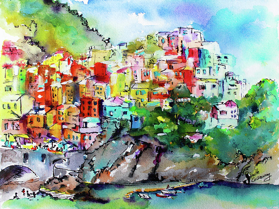 Manarola Cinque Terre Italy Colorful Watercolor Painting by Ginette Callaway