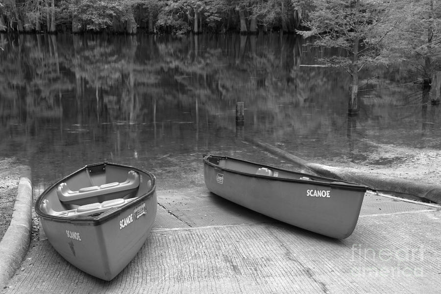 Canoes Photograph - Manatee Springs Black And White Boat Launch by Adam Jewell