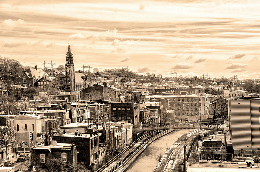 Manayunk in March - Canal View in Sepia Photograph by Bill Cannon