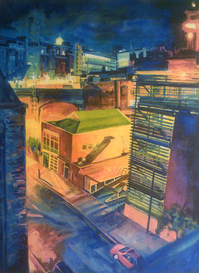 Skyline Painting - Manchester Backstreet Behind The Palace Theatre At Night by Rosanne Gartner