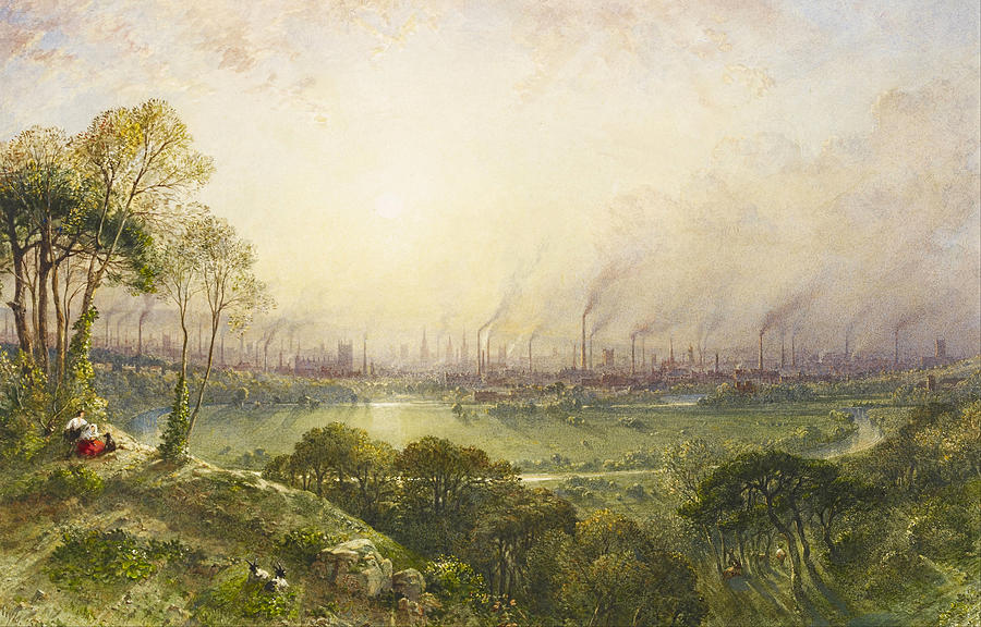 Manchester from Kersal Moor with rustic figures and goats Painting by William Wyld Manchester from Kersal Moor with rustic figures and goats Painting by William Wyld