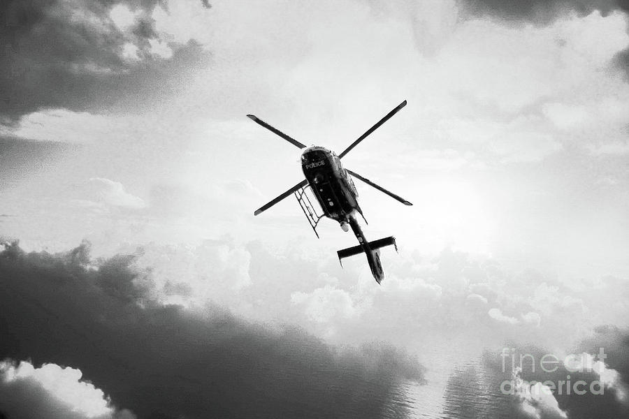 Manchester Police Helicopter - UK - Black and White Photograph by Doc Braham