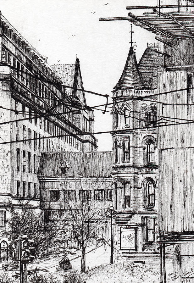 Black And White Drawing - Manchester town hall from City Art Gallery by Vincent Alexander Booth