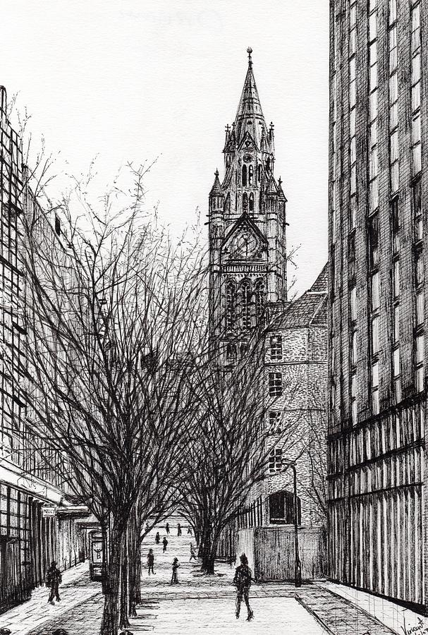 Manchester Town Hall from Deansgate Drawing by Vincent Alexander Booth