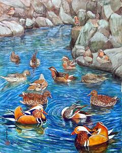 Blue Pond Painting - Mandarin Ducks by Komi Chen Blue Pond Painting - Mandarin Ducks by Komi Chen