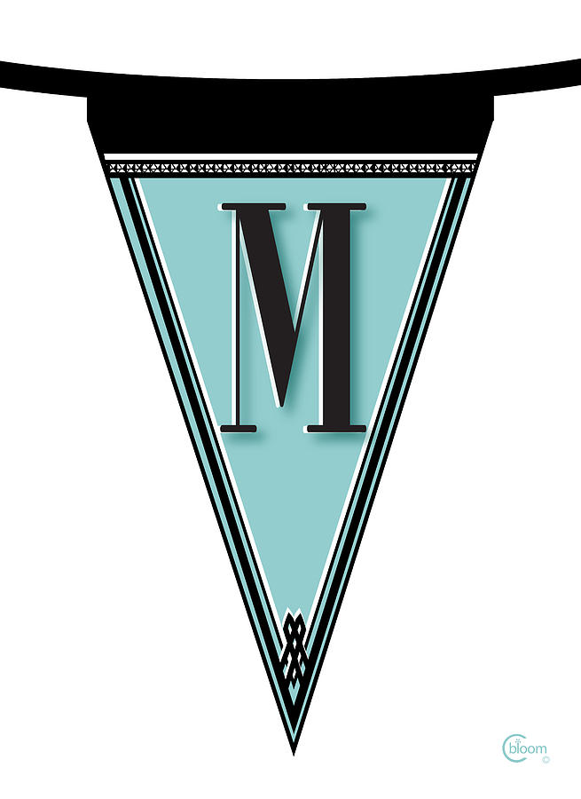 Pennant Deco Blues Banner initial letter M Digital Art by Cecely Bloom