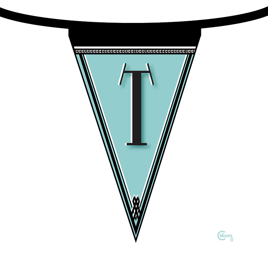 Flag Digital Art - Pennant Deco Blues Banner initial letter T by Cecely Bloom