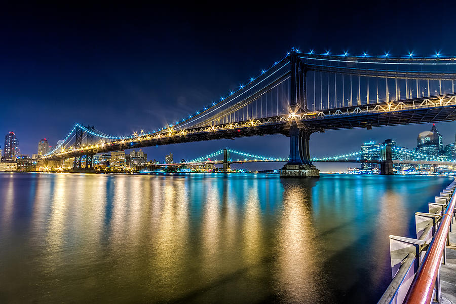 Manhattan and Brooklyn Bridges at night. Photograph by Val Black Russian Tourchin