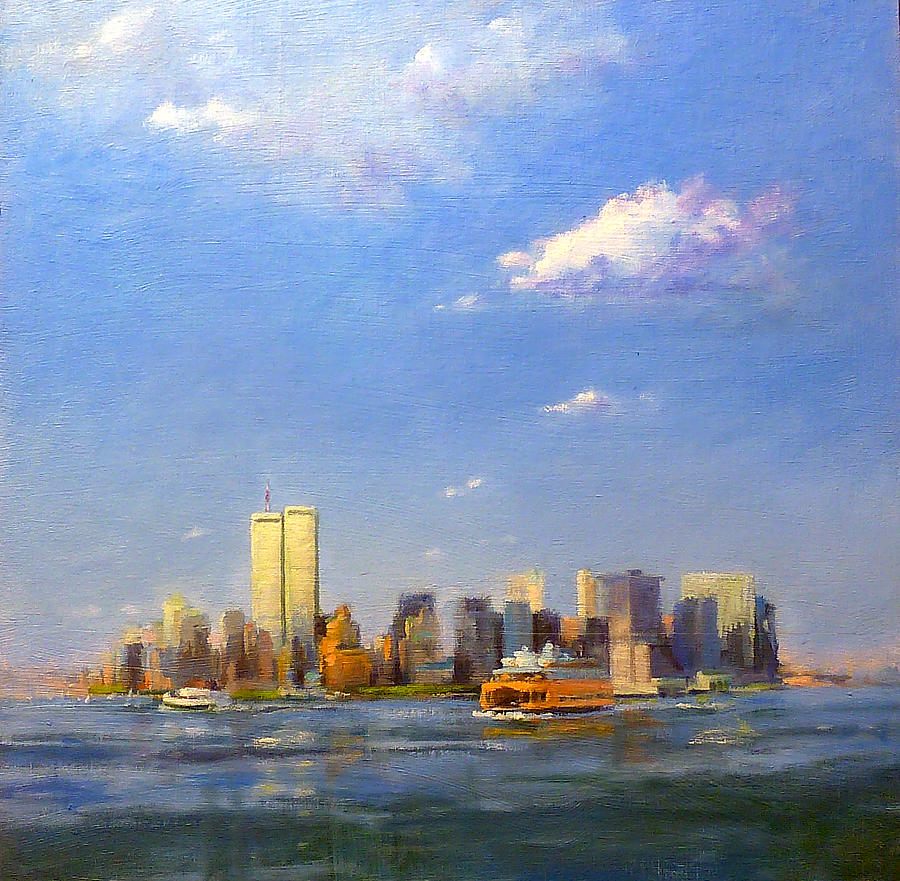 Manhattan and Twin Towers from New York Harbor Painting by Peter Salwen