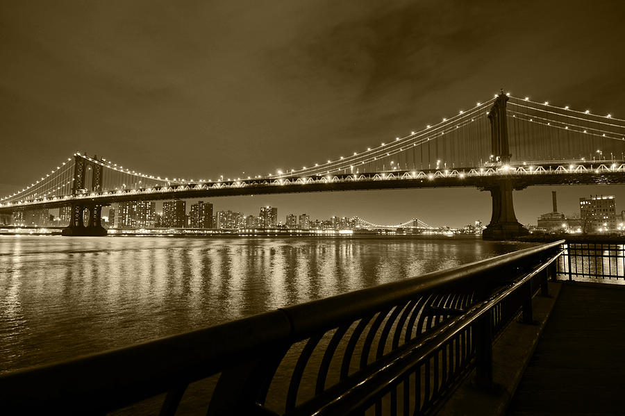 Manhattan bridge and Williamsburg bridge Sepia Photograph by Toby McGuire