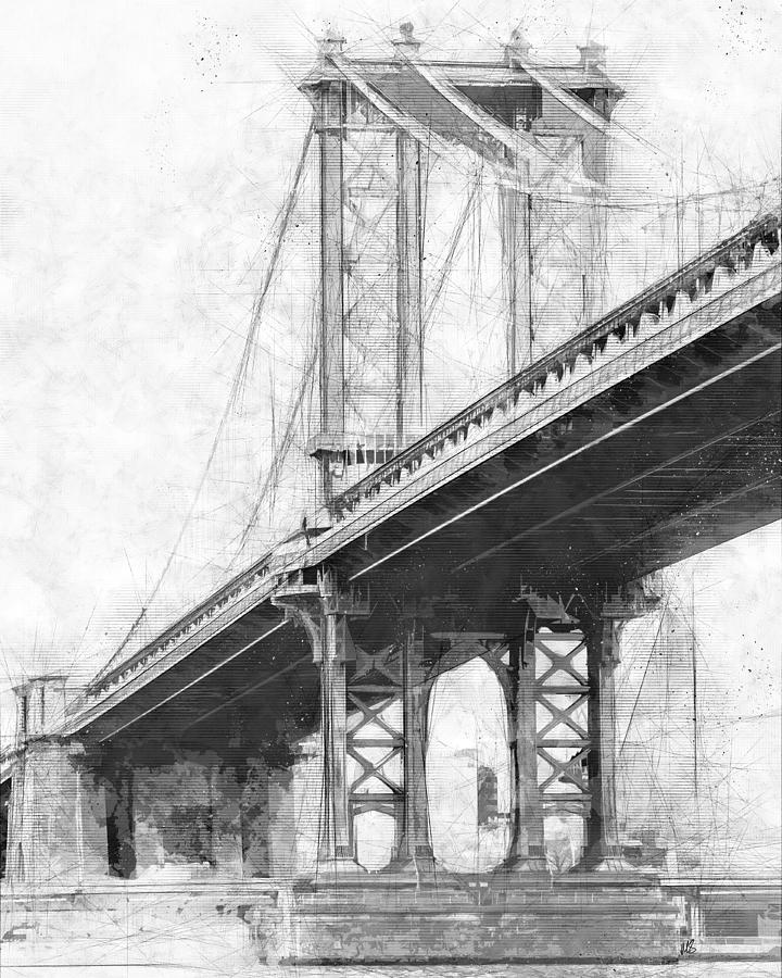 Manhattan Bridge NYC Monotone Drawing by Melissa Smith