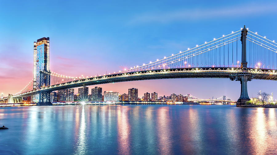 Manhattan Bridge panorama at dawn Photograph by Mihai Andritoiu